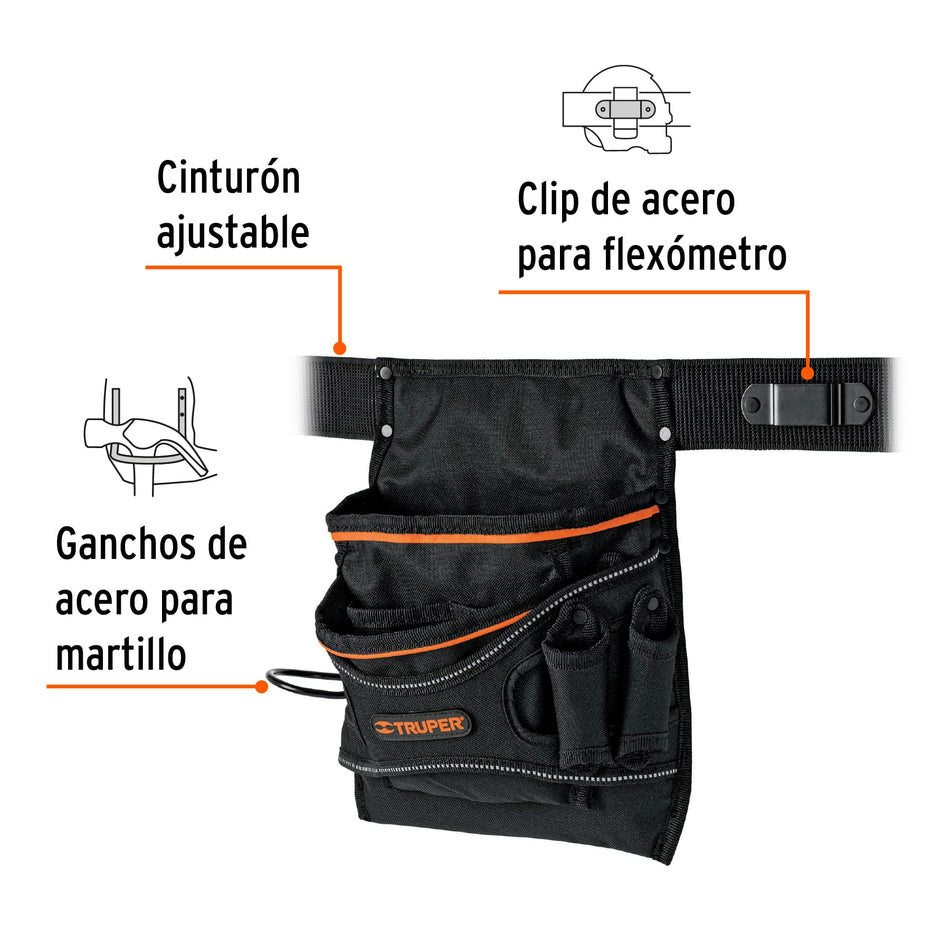 Porta Herramientas Profesional Truper 13 Compartimentos - Poliéster 600D Resistente al Agua - Organiza y Protege Herramientas