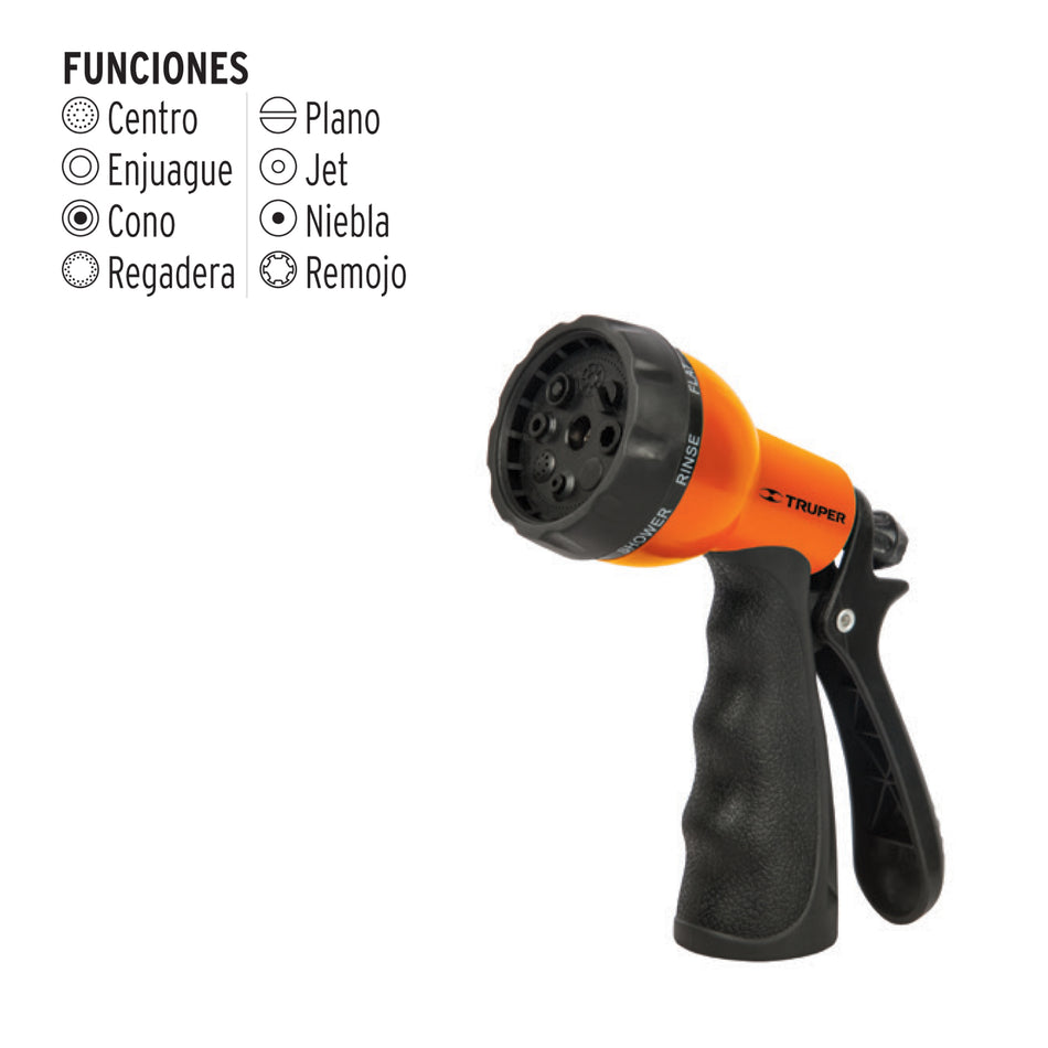 Pistola para riego de 8 funciones plástica con recubrimiento