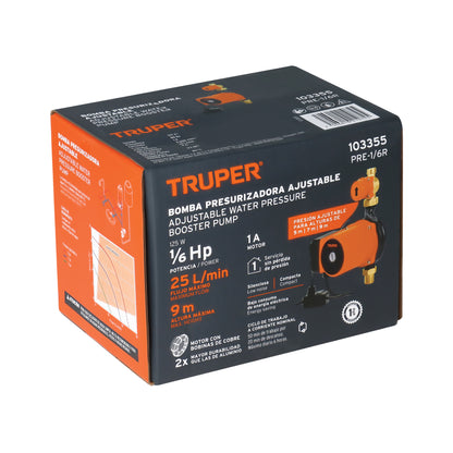 Bomba Presurizadora TRUPER 1/6 HP con Sensor Regulable - Solución Definitiva para Baja Presión de Agua Doméstica - 25 L/min - PRE-1/6R