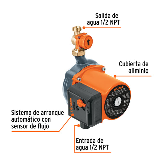 Bomba Presurizadora TRUPER 1/6 HP con Sensor Regulable - Solución Definitiva para Baja Presión de Agua Doméstica - 25 L/min - PRE-1/6R