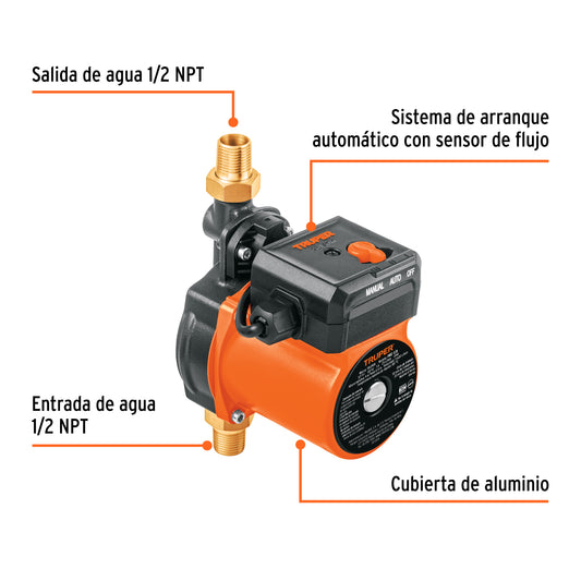 Bomba Presurizadora TRUPER 1/6 HP - Solución Definitiva para Baja Presión de Agua Doméstica | 25 L/min | Silenciosa y Compacta | Sensor de Flujo Automático | PRE-1/6