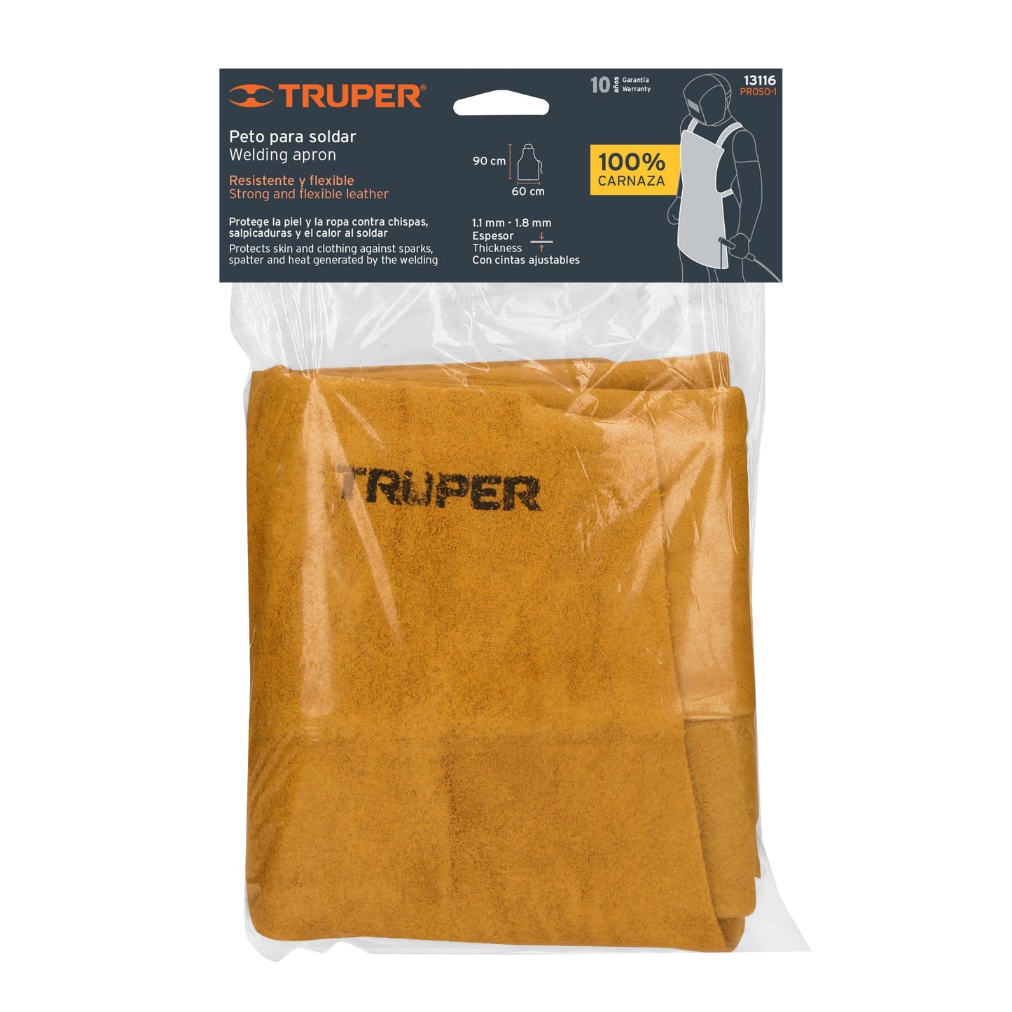 Peto de Carnaza para Soldar Truper PROSO-1 - Protección Profesional Contra Chispas y Calor - Mandil de Soldadura Resistente con Costuras Reforzadas