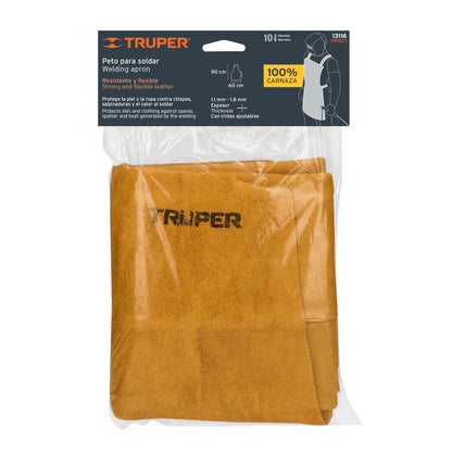 Peto de Carnaza para Soldar Truper PROSO-1 - Protección Profesional Contra Chispas y Calor - Mandil de Soldadura Resistente con Costuras Reforzadas