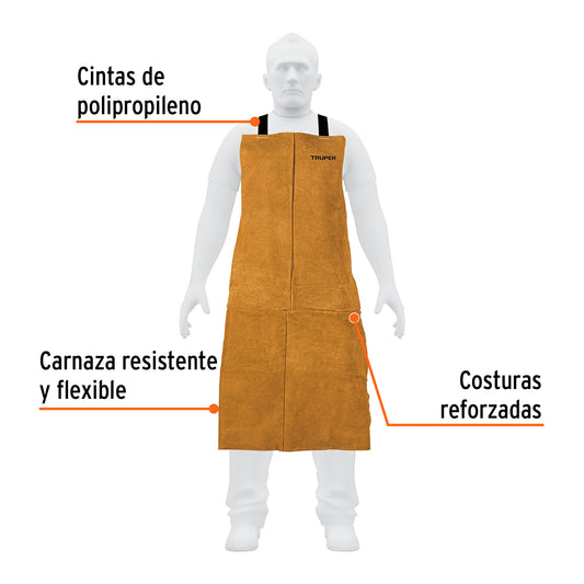 Peto de Carnaza para Soldar Truper PROSO-1 - Protección Profesional Contra Chispas y Calor - Mandil de Soldadura Resistente con Costuras Reforzadas