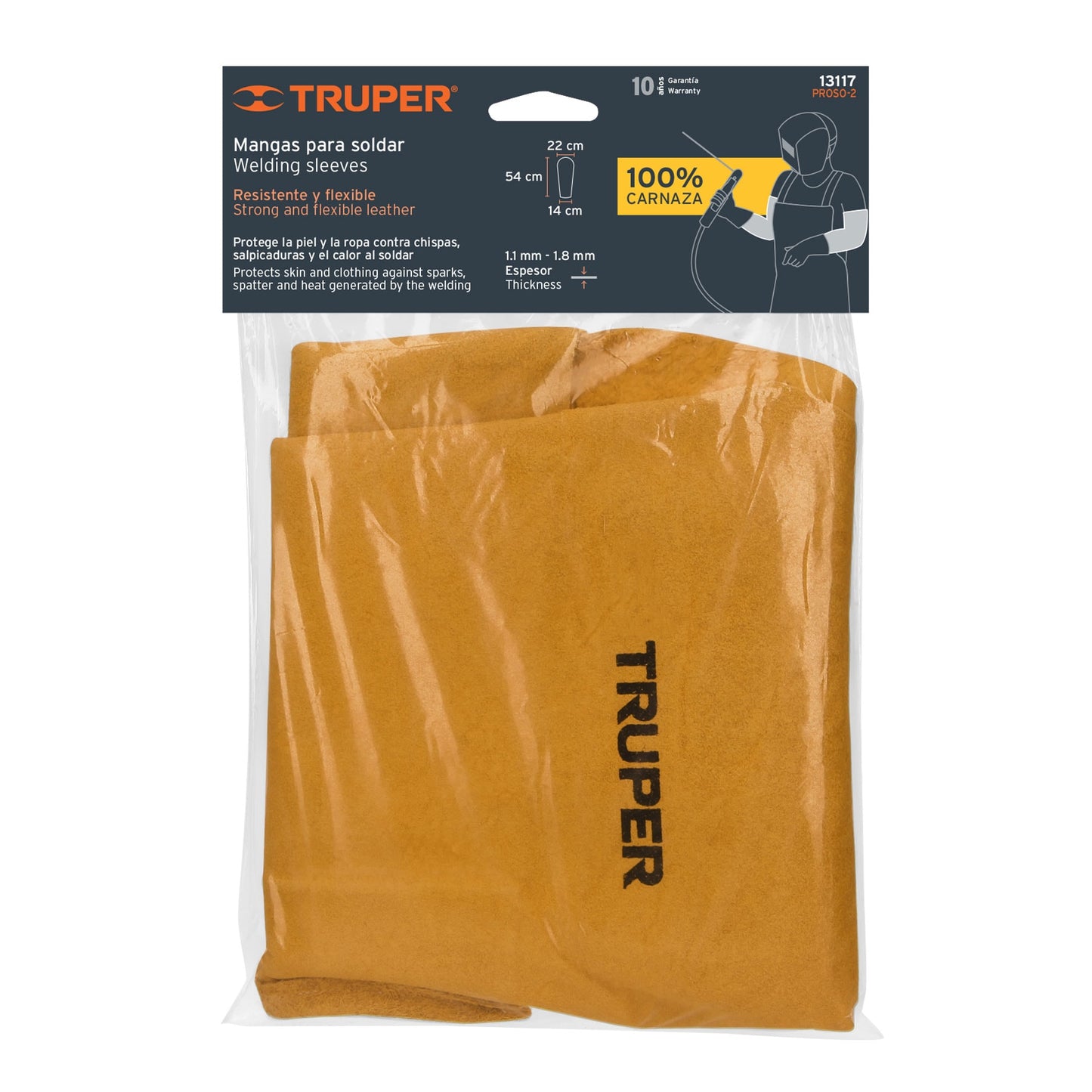 Mangas de Carnaza para Soldar Truper PROSO-2 - Protección Profesional Contra Chispas y Calor con Costuras Reforzadas