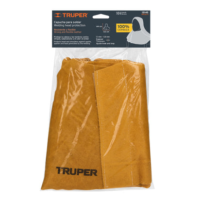 Capucha de Carnaza para Soldar Truper PROSO-4 - Protección Profesional Cabeza Cuello Nuca contra Chispas y Calor - Resistente 100% Piel de Res con Costuras Reforzadas