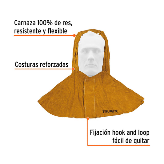 Capucha de Carnaza para Soldar Truper PROSO-4 - Protección Profesional Cabeza Cuello Nuca contra Chispas y Calor - Resistente 100% Piel de Res con Costuras Reforzadas