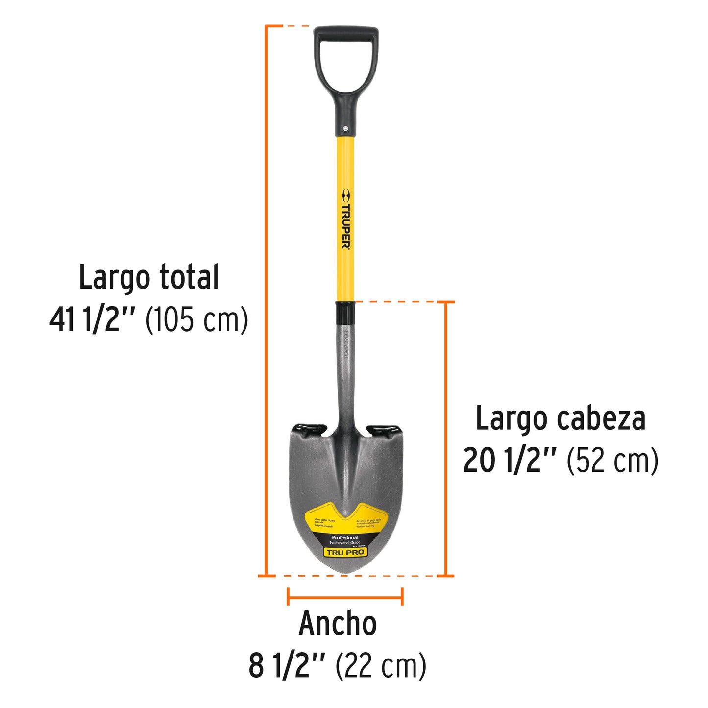 Pala Redonda Tru Pro Fibra de Vidrio - Herramienta Profesional para Excavación Fácil y Cómoda - Mango Resistente Puño Y
