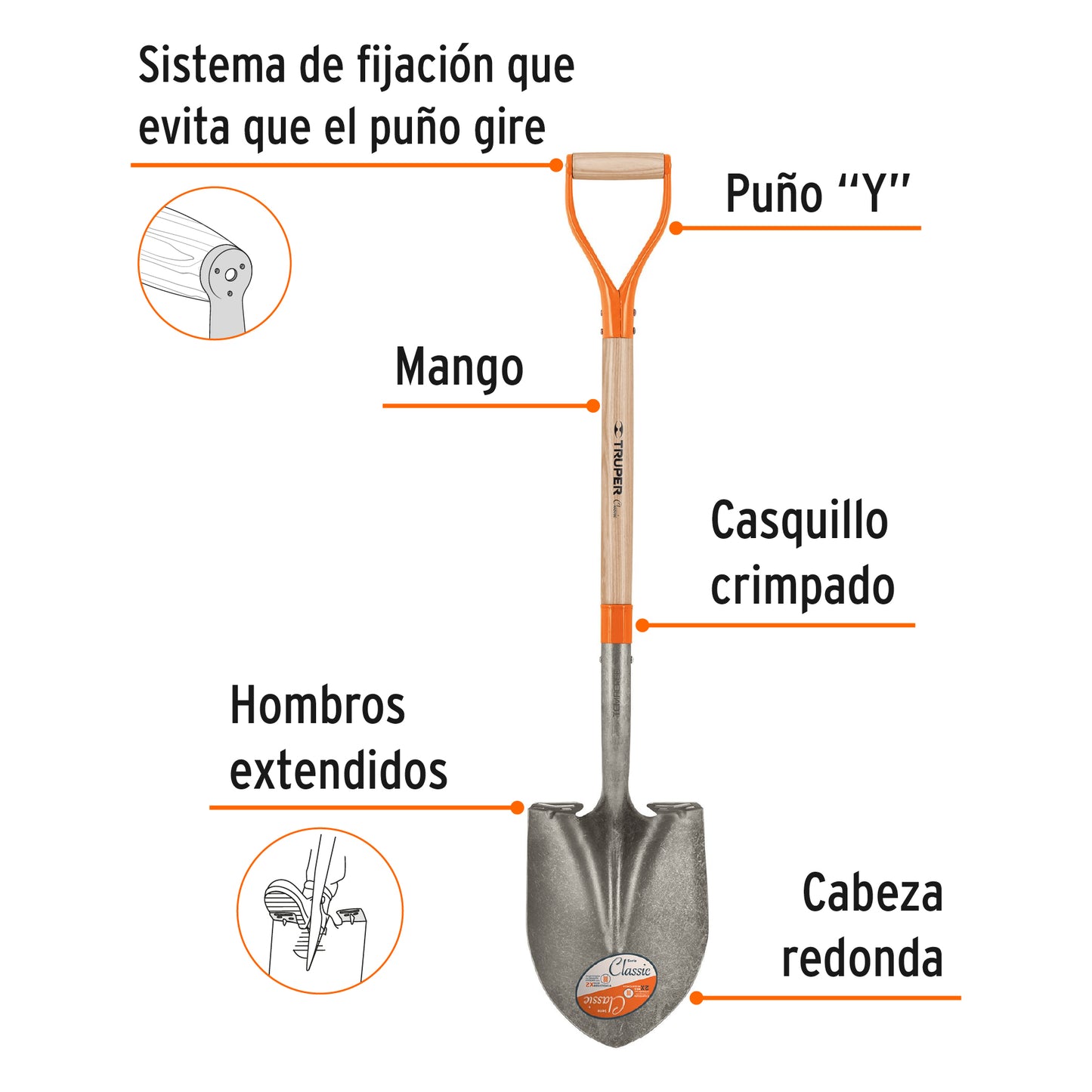 Pala Redonda Classic Truper PRY - Acero Carbono Puño Y Metálico - Solución Profesional para Excavación y Jardinería
