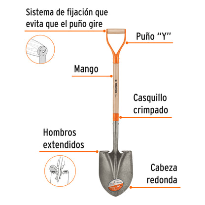 Pala Redonda Classic Truper PRY - Acero Carbono Puño Y Metálico - Solución Profesional para Excavación y Jardinería