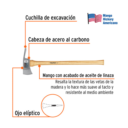 Hacha Pulaski Truper 3.5 lb Mango Hickory 35" - Herramienta Profesional Doble Filo para Corte y Excavación Forestal