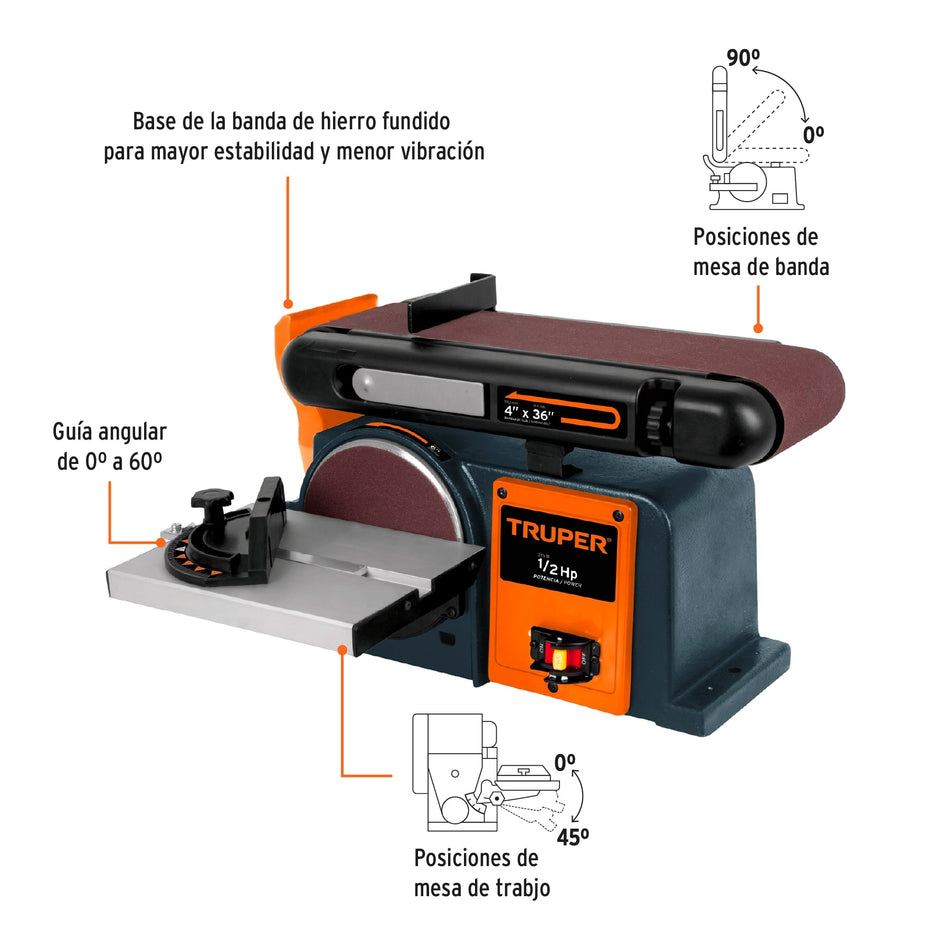 Lijadora de banda y disco 4 x 6" de 375 W (1/2 HP), Truper