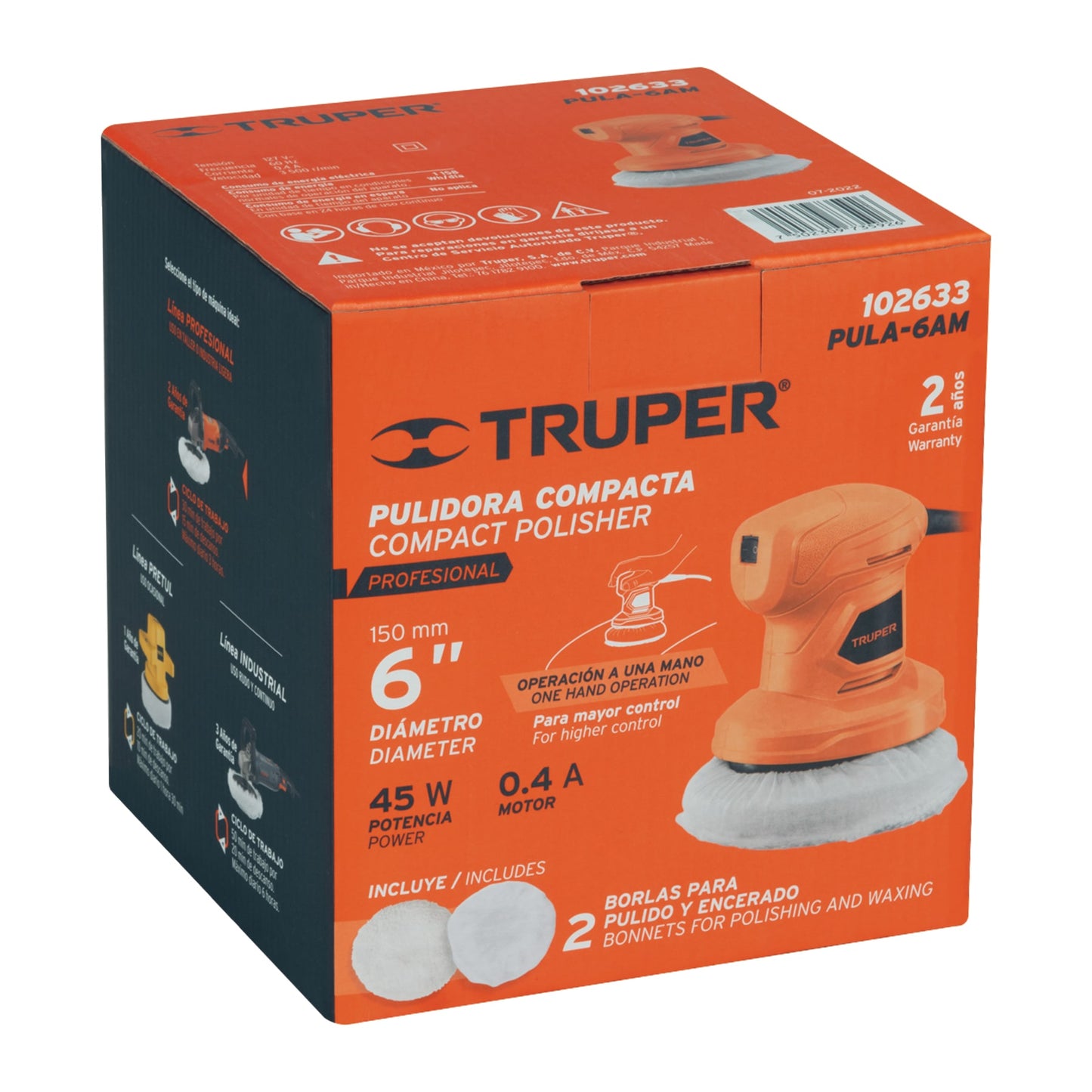 Pulidora Roto-Orbital TRUPER PRO 6" 45W - Elimina Rayones y Remolinos sin Dañar Pintura - Compacta Una Mano PULA-6AM