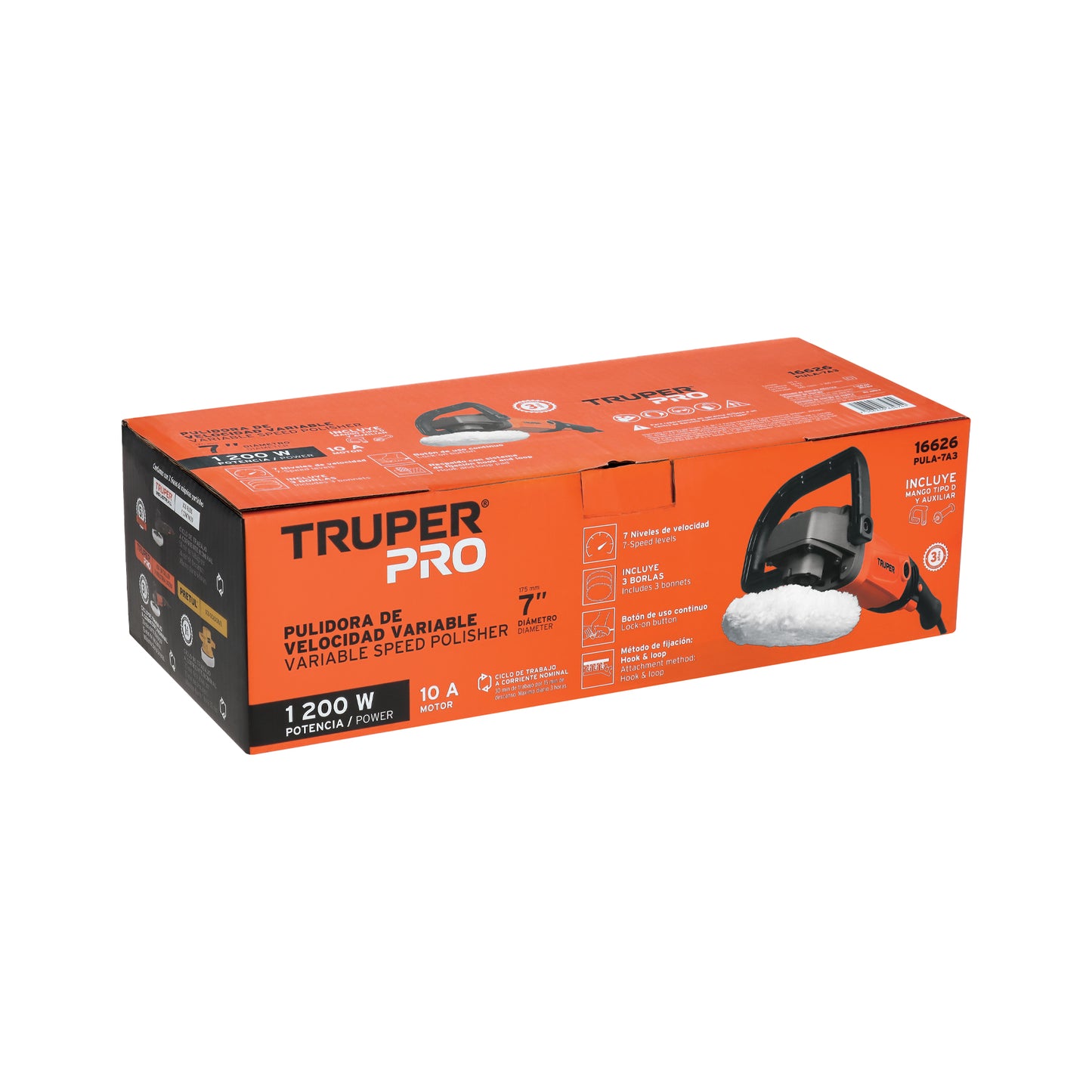 Pulidora Rotativa TRUPER 7 Pulgadas 1200W - Profesional para Pulido de Autos, Metales y Fibra de Vidrio - Velocidad Variable 7 Niveles - PULA-7A3