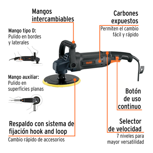 Pulidora Rotativa TRUPER 7 Pulgadas 1200W PULA-7N - Solución Profesional para Pulido y Encerado de Pinturas, Metales y Fibra de Vidrio - Motor Industrial con Velocidad Variable