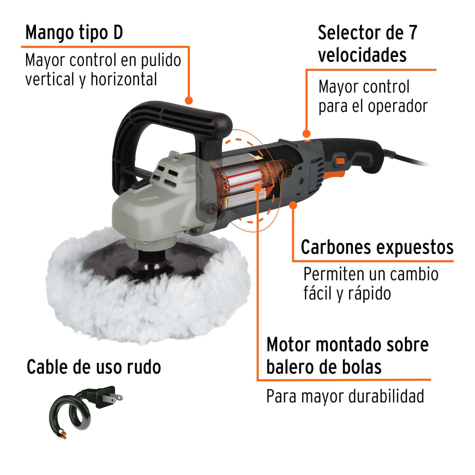 Pulidora 7" 1200 W velocidad variable, industrial, Truper uso rudo autolavados hojalateria.