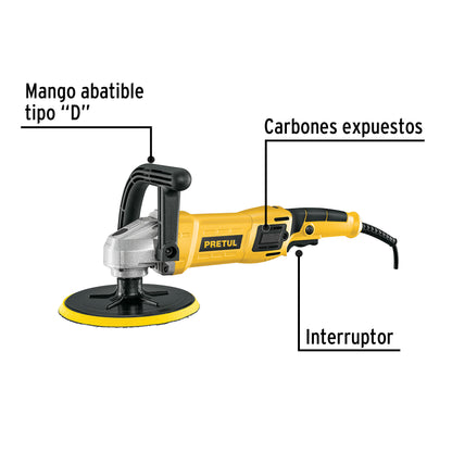 Pulidora Rotativa PRETUL 7 Pulgadas 1200W Profesional - Elimina Rayones y Restaura Brillo en Autos, Metales y Plásticos - Motor Potente con Velocidad Variable - PULA-7P