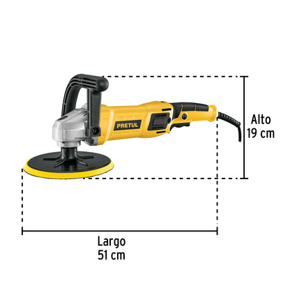 Pulidora Rotativa PRETUL 7 Pulgadas 1200W Profesional - Elimina Rayones y Restaura Brillo en Autos, Metales y Plásticos - Motor Potente con Velocidad Variable - PULA-7P
