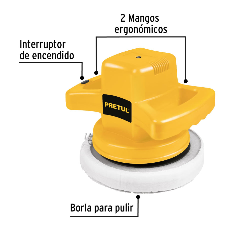 Pulidora Roto-Orbital PRETUL 10 Pulgadas 110W - Elimina Rayones y Remolinos en Pintura Automotriz, Metal y Fibra de Vidrio - Movimiento Orbital 3000 RPM - PULA-P