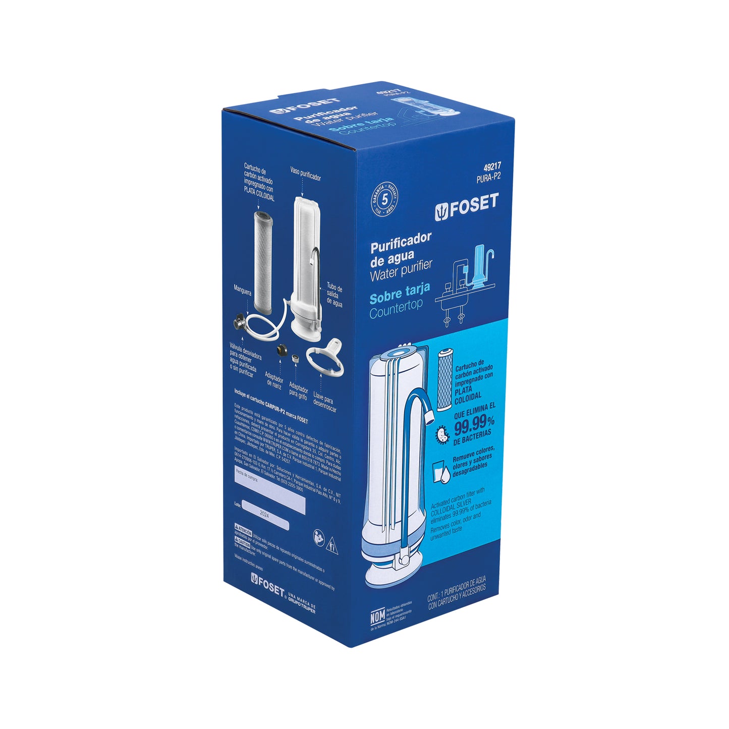 Purificador de Agua Sobre Tarja FOSET PURA-P2 - Elimina 99.9% Bacterias y Cloro - Carbón Activado con Plata Coloidal - Fácil Instalación