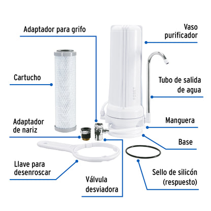 Purificador de Agua Sobre Tarja FOSET PURA-P2 - Elimina 99.9% Bacterias y Cloro - Carbón Activado con Plata Coloidal - Fácil Instalación