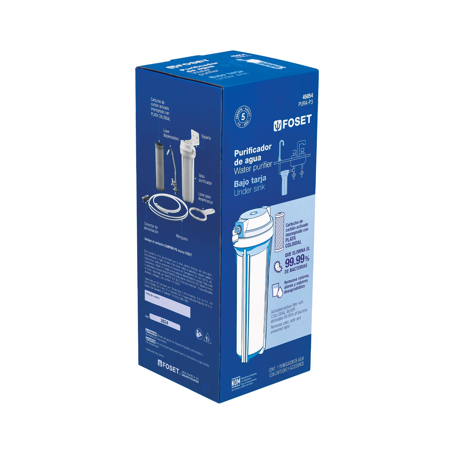 Purificador de Agua Bajo Tarja FOSET PURA-P3 - Elimina 99.9% Bacterias y Cloro - Carbón Activado con Plata Coloidal