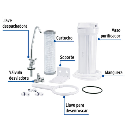 Purificador de Agua Bajo Tarja FOSET PURA-P3 - Elimina 99.9% Bacterias y Cloro - Carbón Activado con Plata Coloidal