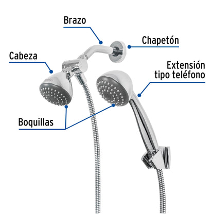 Regadera Doble Fija y Teléfono 3-1/4" Cromo FOSET AERO - ABS Alta Presión