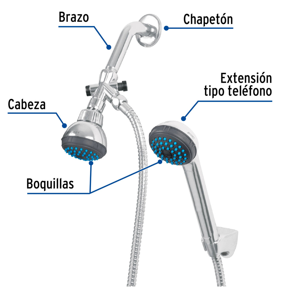 Regadera 2-1/2" con extensión tipo teléfono, Foset, Ducha, Bañera, Rociador