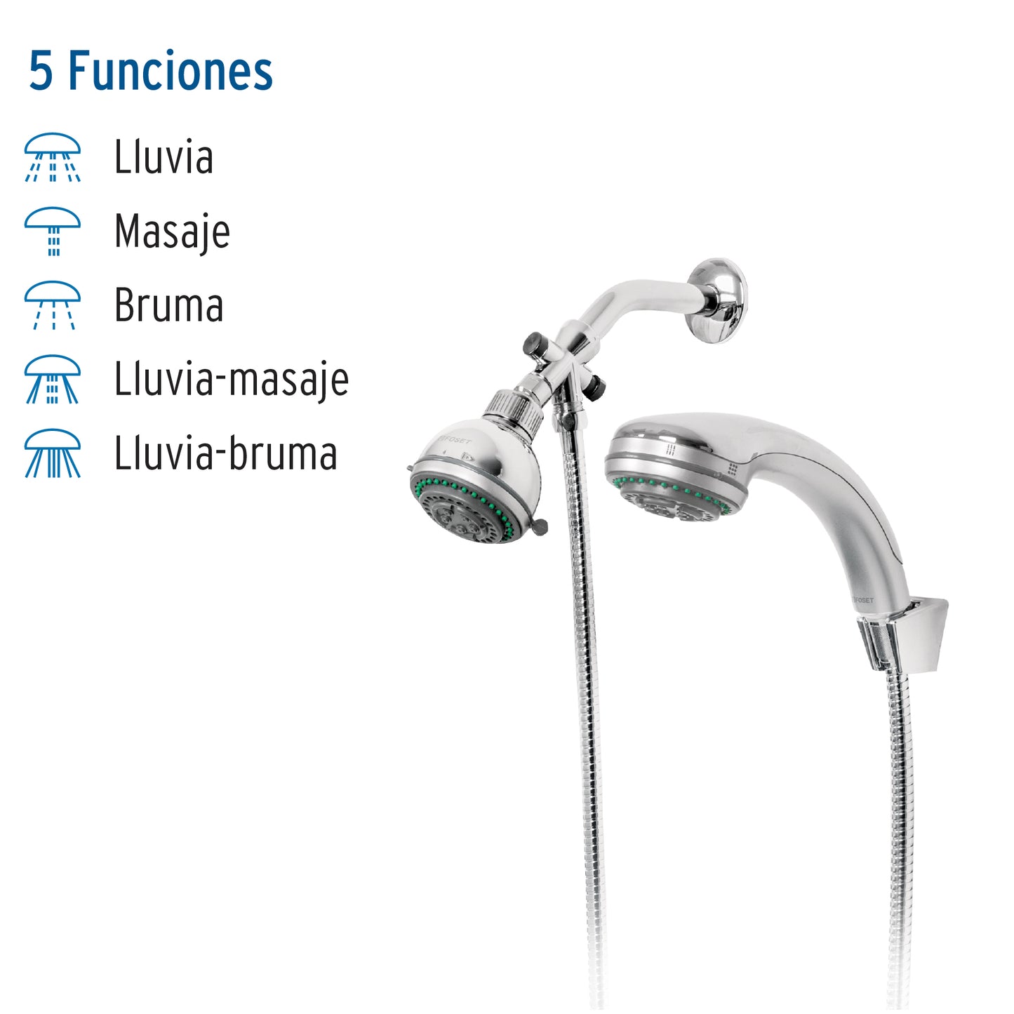 Regadera Doble Fija y Teléfono FOSET 5 Funciones AQUA 3-1/4" | Cable Flexible