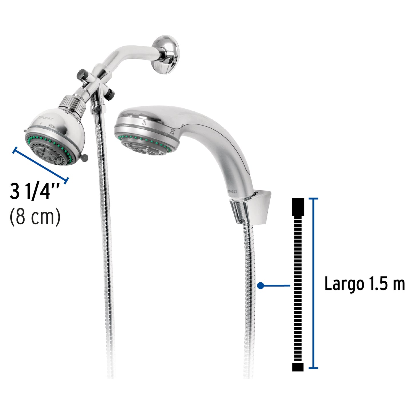 Regadera Doble Fija y Teléfono FOSET 5 Funciones AQUA 3-1/4" | Cable Flexible