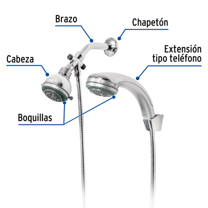 Regadera Doble Fija y Teléfono FOSET 5 Funciones AQUA 3-1/4" | Cable Flexible