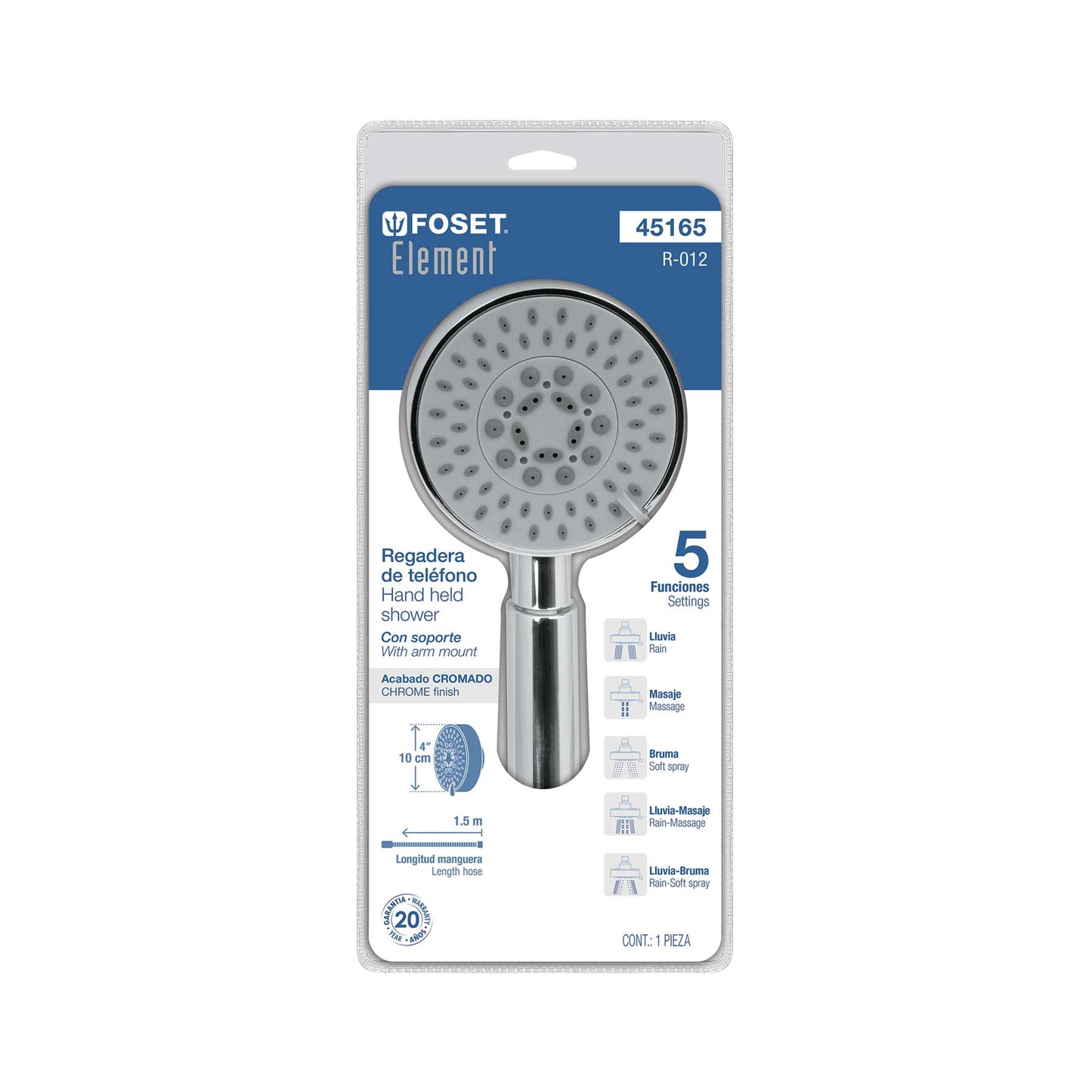 Regadera de Teléfono 4 Pulgadas Satín con Soporte FOSET ELEMENT