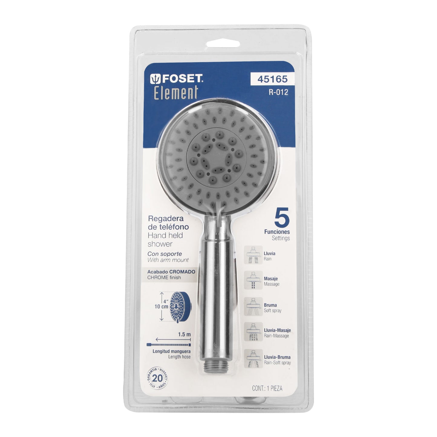 Regadera Teléfono 4 Pulgadas Cromada con Soporte FOSET ELEMENT - Regadera de Mano