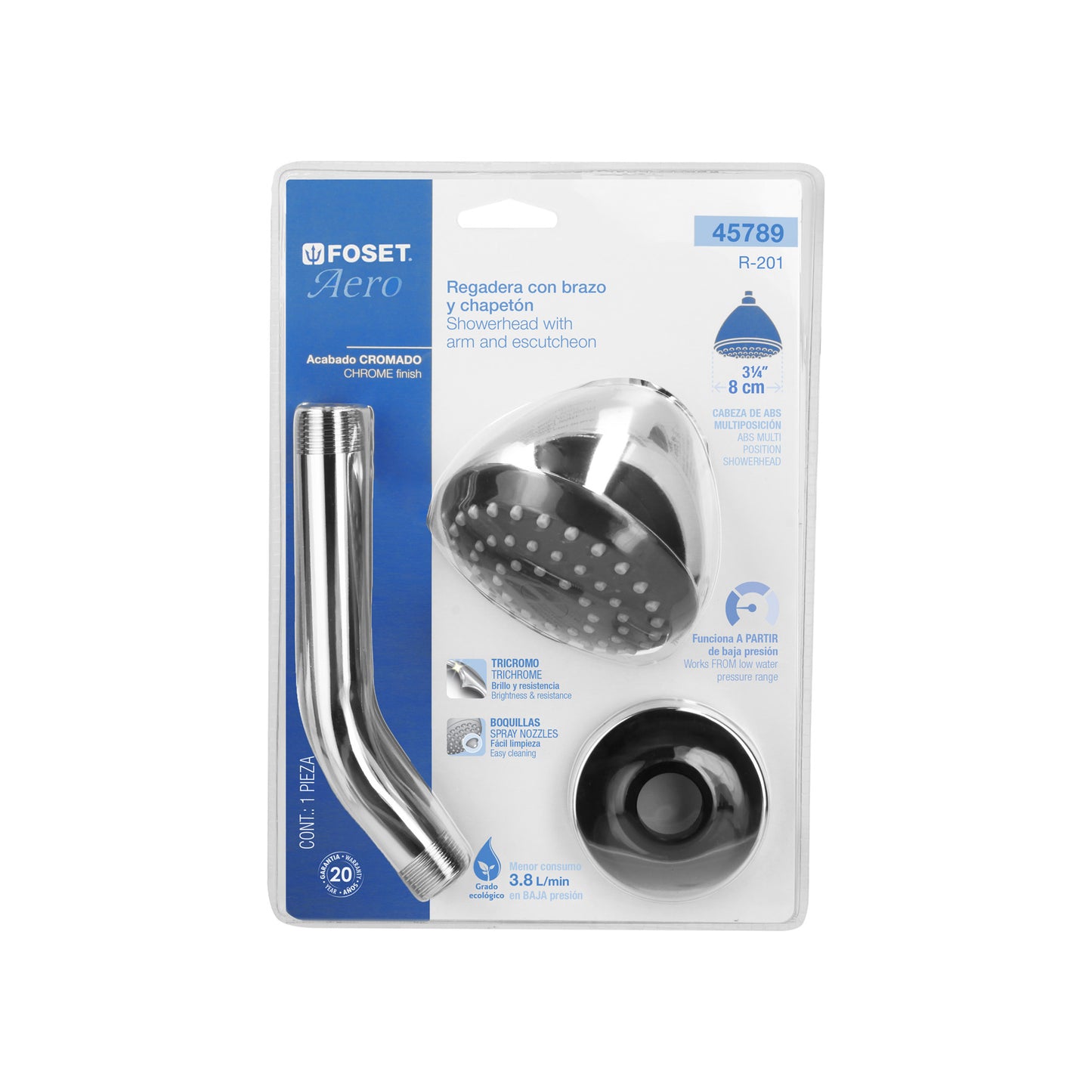 Regadera de Ducha 3-1/4" con Brazo Ajustable y Chapetón Cromado AERO
