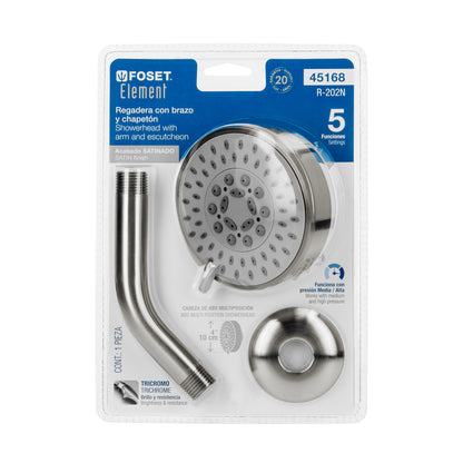 Regadera 5 Funciones con Brazo Ajustable 4" Satín FOSET ELEMENT