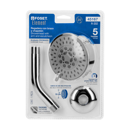 Regadera 5 Funciones con Brazo Ajustable Cromada 4" FOSET ELEMENT