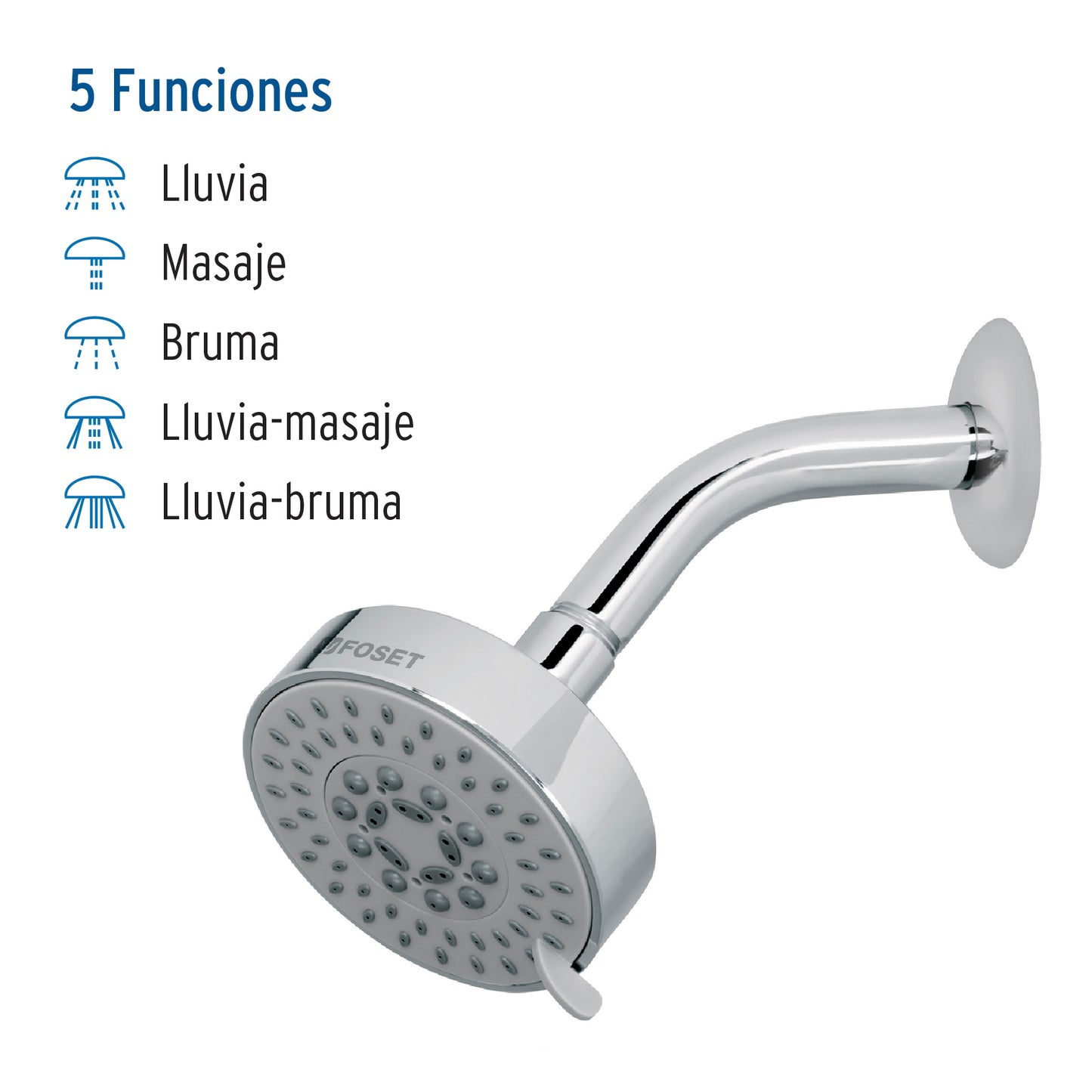 Regadera 5 Funciones con Brazo Ajustable Cromada 4" FOSET ELEMENT