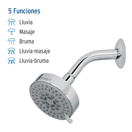 Regadera 5 Funciones con Brazo Ajustable Cromada 4" FOSET ELEMENT