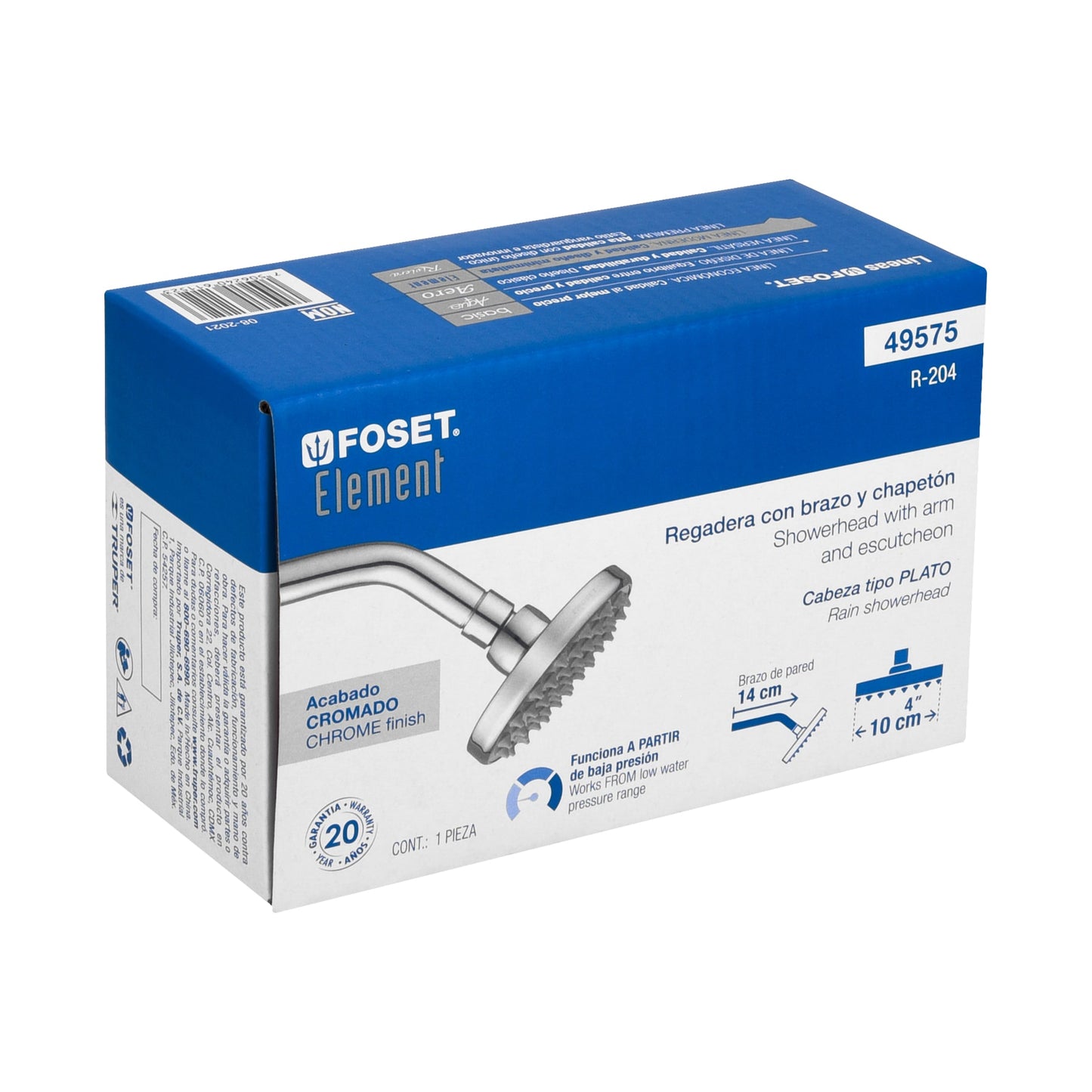 Regadera FOSET 4" Cromada con Brazo Ajustable | Plato Redondo