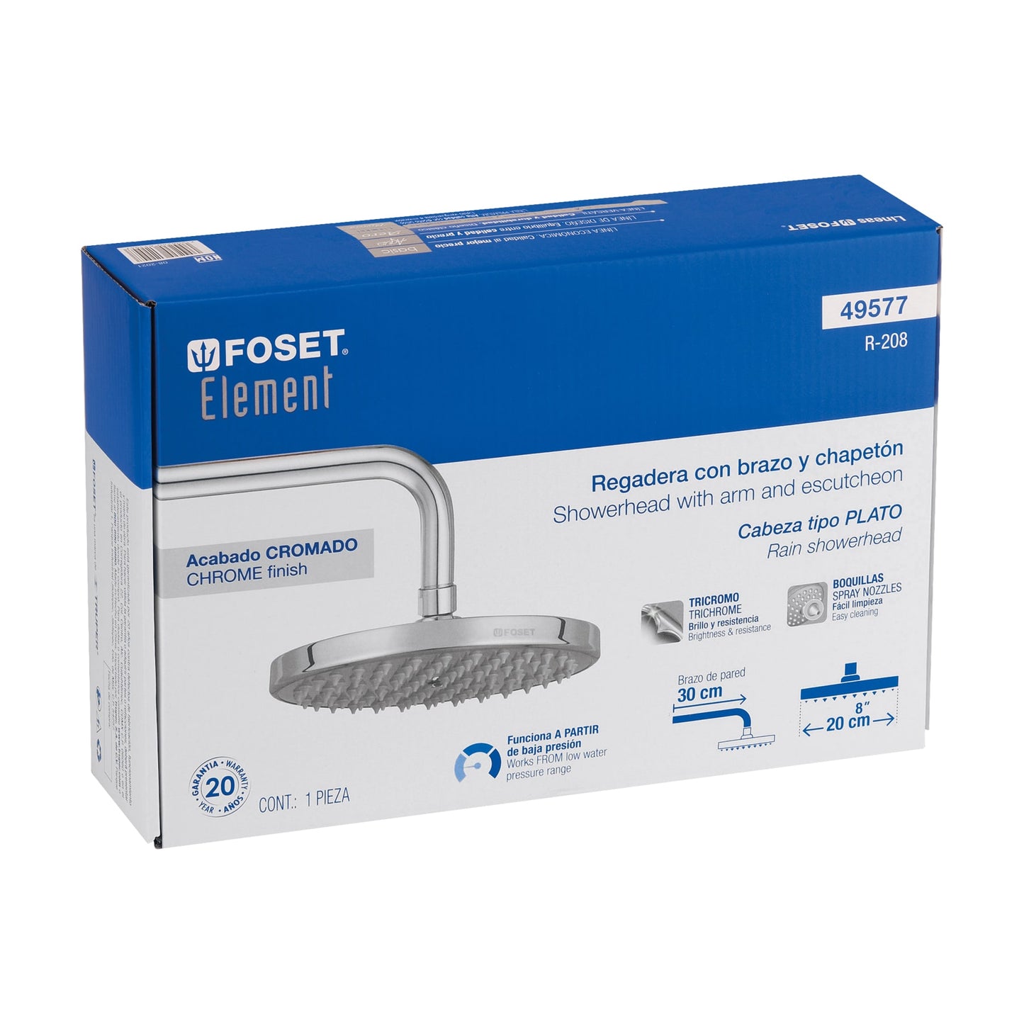 Regadera de Baño Cromada 8 Pulgadas con Brazo - Plato Redondo FOSET ELEMENT