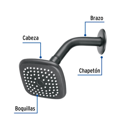Regadera Cuadrada 3-3/4" Negra FOSET BASIC - Brazo y Chapetón para Baño
