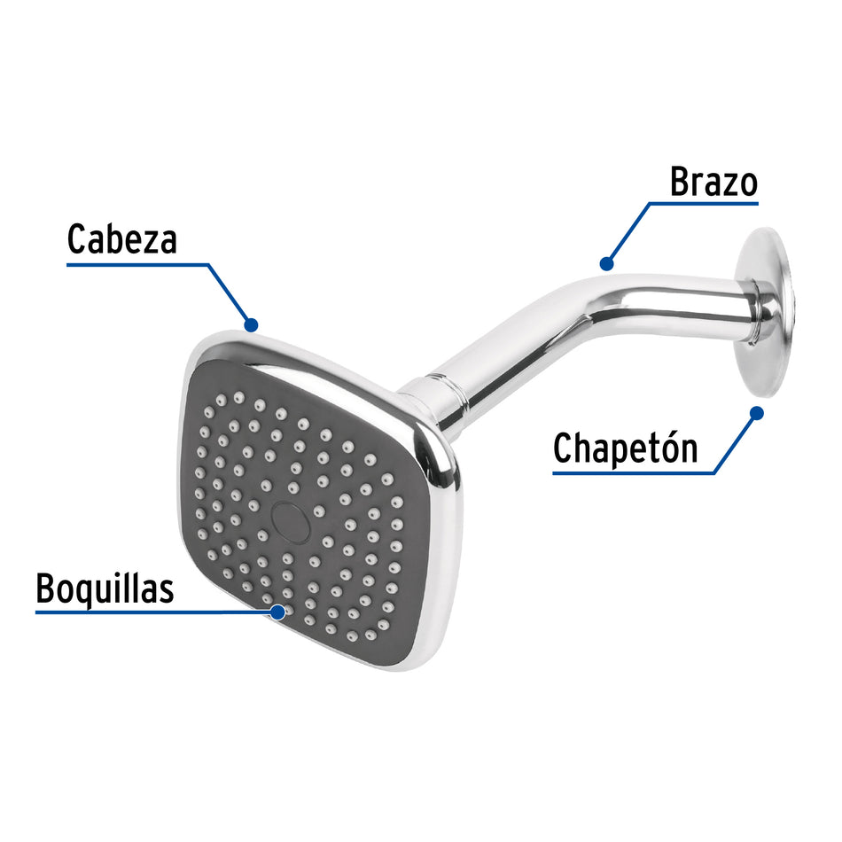 Regadera cuadrada 3-3/4" brazo y chapetón de acero, Foset, Ducha, Bañera, Rociador