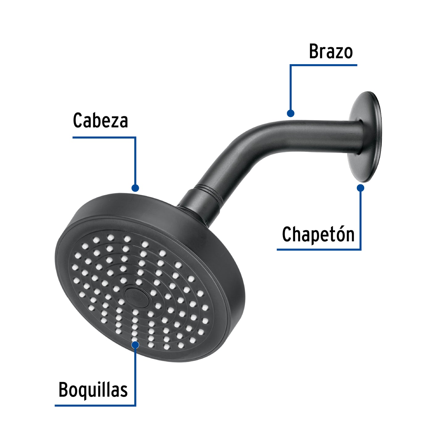 Regadera de ducha redonda 4-1/4" FOSET BASIC con brazo y chapetón en acabado negro. Ideal para baño moderno. Calidad y diseño
