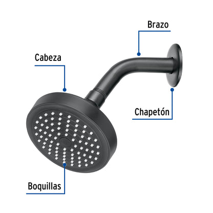 Regadera de ducha redonda 4-1/4" FOSET BASIC con brazo y chapetón en acabado negro. Ideal para baño moderno. Calidad y diseño