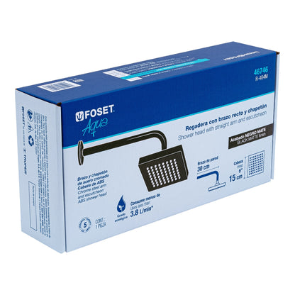 Regadera de Baño Cuadrada 6" Ajustable Negro - Brazo y Chapetón ABS - FOSET AQUA