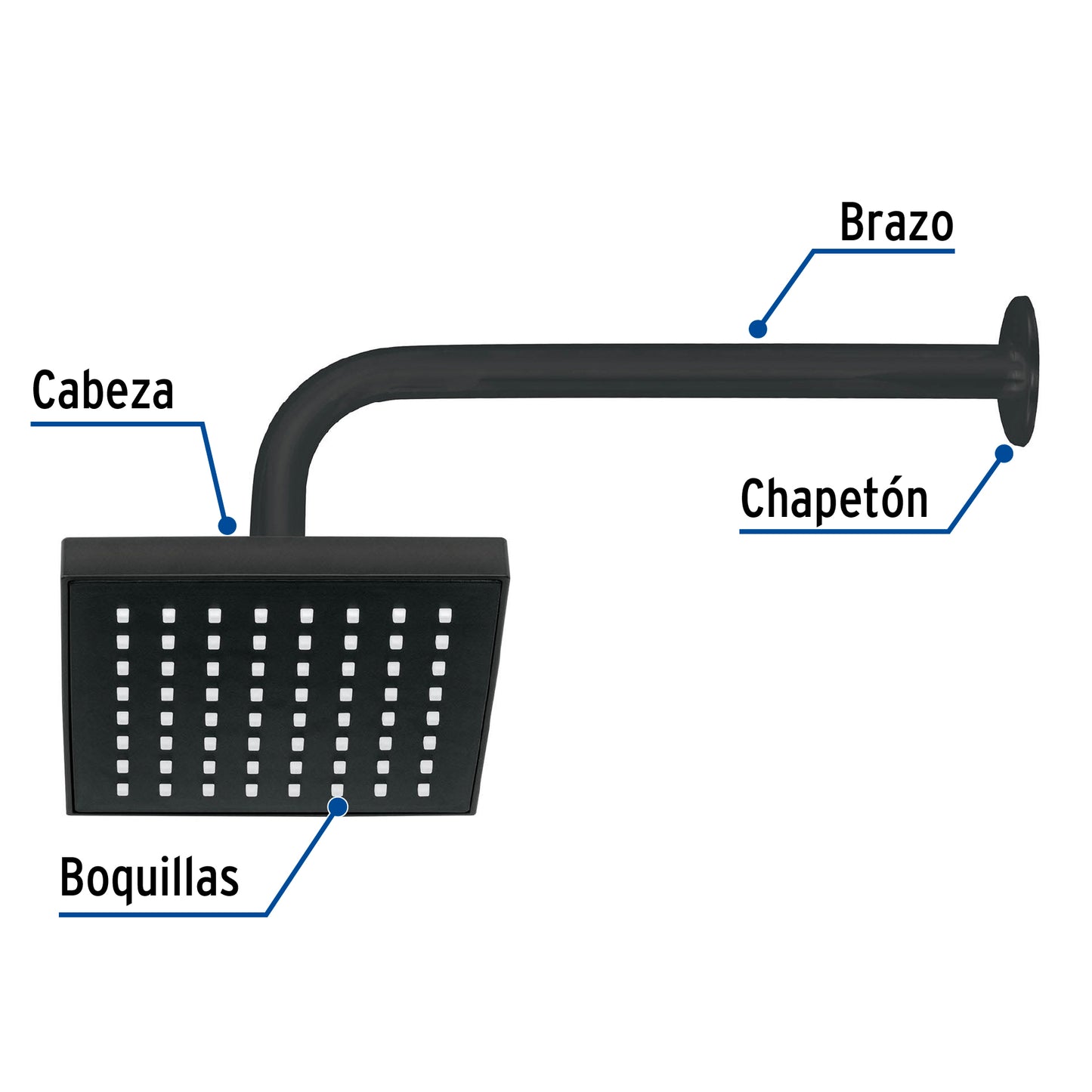 Regadera de Baño Cuadrada 6" Ajustable Negro - Brazo y Chapetón ABS - FOSET AQUA