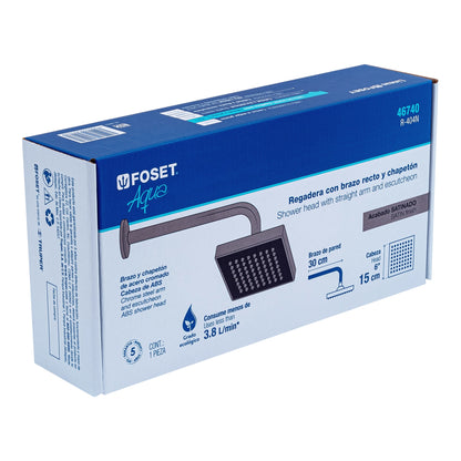 Regadera Cuadrada 6 Pulgadas FOSET AQUA - Brazo y Chapetón ABS Satín para Baño