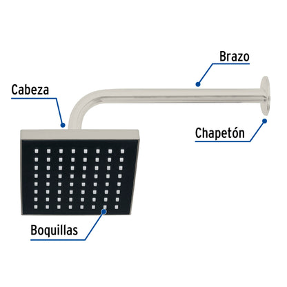 Regadera Cuadrada 6 Pulgadas FOSET AQUA - Brazo y Chapetón ABS Satín para Baño