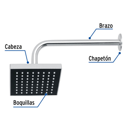 Regadera de Ducha Cuadrada 6" Cromada con Brazo Ajustable AQUA FOSET